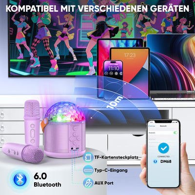 Dislocati Karaoke Anlage mit 2 Bluetooth Mikrofonen, Musik Geschenk Spielzeug Mädchen 3-15 Jahre, Karaoke Microphone Set mit Disco Licht und 5 Toneffekten, Ideal für Familienfeiern und Party Draußen