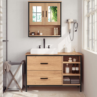 EUGAD Waschbeckenunterschrank, Badezimmerschrank mit 2 Schubladen 3 offenen Fächern, Unterschrank mit verstellbaren Ablagen, freistehender Waschtischunterschrank, 90x60x30 cm