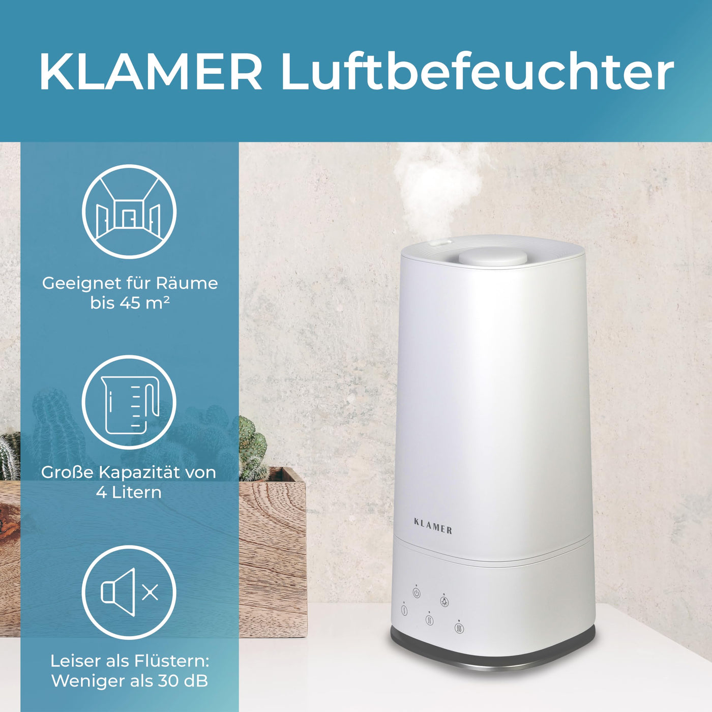 KLAMER Luftbefeuchter 4L Top Fill, Leise 30dB, 40h Laufzeit, 300 ml/h, 3 Stufen - Ideal für Büro, Schlaf- & Kinderzimmer bis 45m²