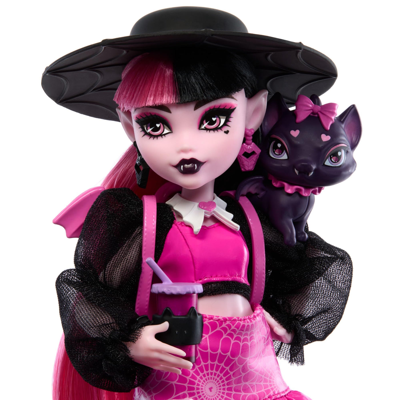 Monster High Draculaura-Puppe mit ihrem Haustier, der Fledermaus-Katze Count Fabulous, und Accessoires wie Rucksack, Zauberbuch, Bento-Box und mehr, HRP64