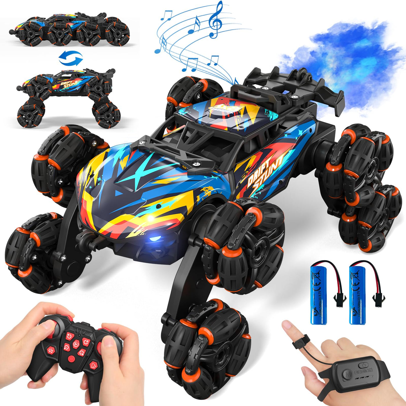 Ferngesteuertes Auto, Ferngesteuertes Auto ab 3 4 5 6 7 8 9 10 Jahre Kinder, 8WD Stunt und Handsteuerung, RC Drift Car mit LED Licht, Musik und Spray, RC Spielzeug Geschenk ab 3-12 Jahre Junge