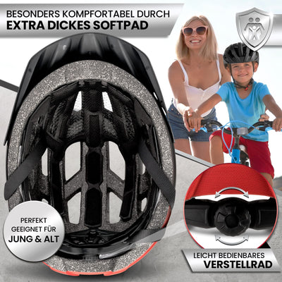 Dunlop Sports Fahrradhelm mit Licht-Sofort gesehen Werden-Ultraleichter Spezial Damen Herren Kinder Fahrrad Helm mit Visier und Rücklicht für hohe Sicherheit-Urban Helm (Schwarz/Rot, M (55-59 cm))