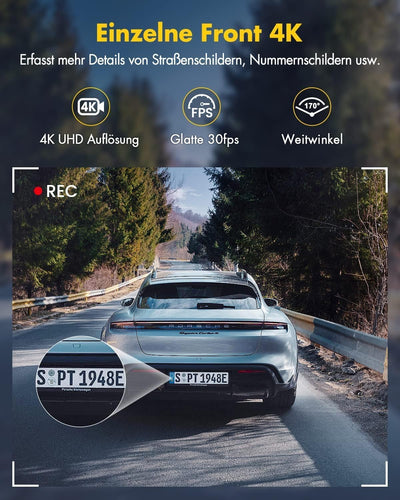 GKU Dashcam Auto Vorne Hinten 4K+1080P, 5GHz WiFi Dash Cam mit 64GB SD Karte, Auto Kamera mit Parküberwachung, Super Nachtsicht, WDR, 170° Weitwinkel, G-Sensor, Loop-Aufnahme, APP Steuerung, Max 256GB