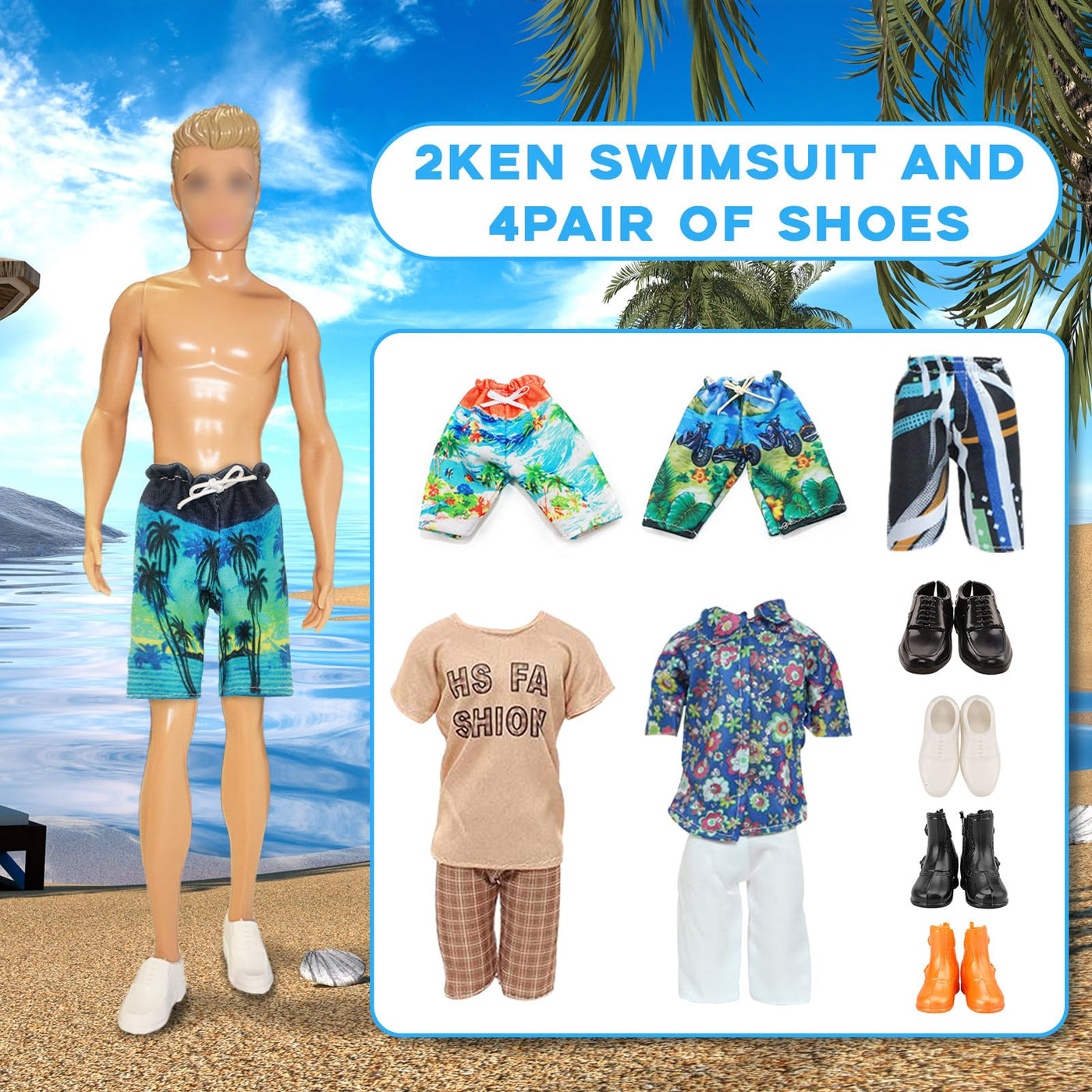 12 Kleidung und Zubehör Kompatibel mit Ken = 2 Sets Anzug + 2 Kurze Ärmel + 2 Shorts + 2 Badehose + 4 Schuhe, für 12 Zoll Jungen Puppen in Zufallsauswahl