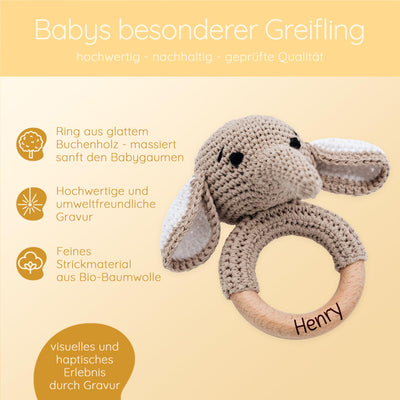 Bärenfreunde® - Personalisierter Beißring Baby - Niedlicher Greifling für Baby's ab 0 Monate - Babyrassel mit Name als Baby Geschenk für Mädchen und Jungen (Elefant,mit Name)
