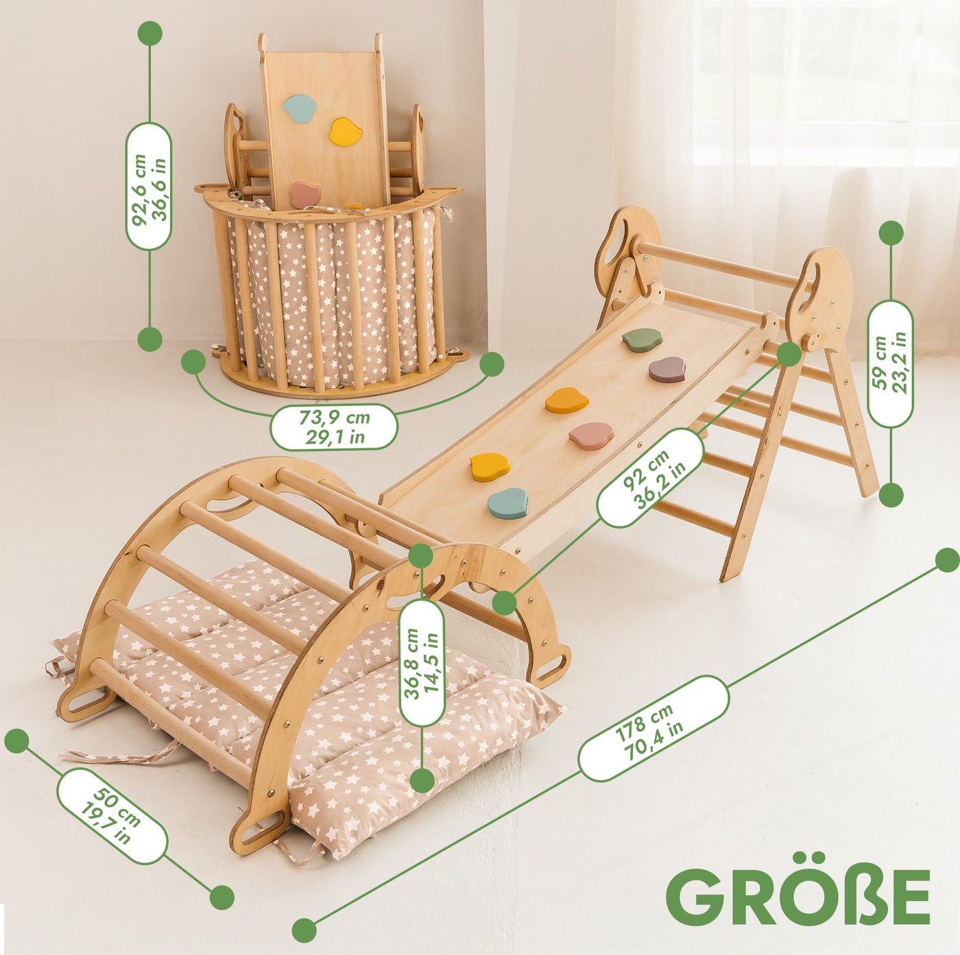 Goodevas 5-in-1 Montessori Klettergerüst Set: Indoor Kletterdreieck, Kletterbogen mit Kissen, und Rutsche für Kinder, Indoor Spielplatz 1-3 Jahre
