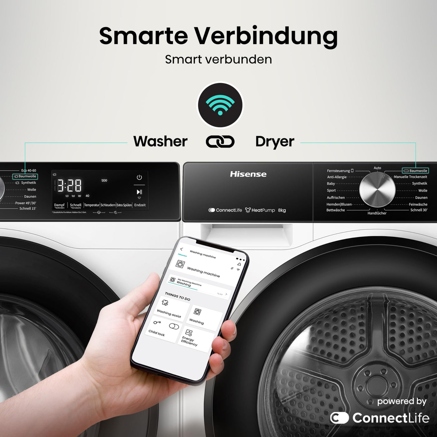 Hisense DH3S802BW3, 8KG, Kondensation mit Wärmepumpe, 16 Programme, ConnectLife, TwinAir, Weiß, Energieeffizienzklasse C