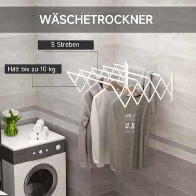 HOMCOM Wandtrockner Wäscheständer für Wandmontage Wandwäschetrockner ausziehbar klappbar platzsparender Wäschereck für kleine Haushalte für drinnen und draußen Metall Weiß 63,5 x 60 x 20 cm