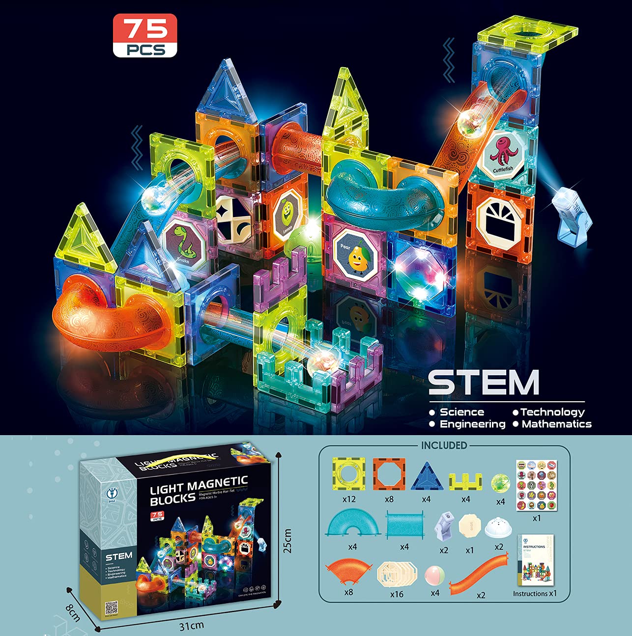morkka Magnetische Bausteine,STEM Montessori Spielzeug für Kinder 3 4 5 6 7 8 Jahre 3D Lernspielzeug Set Konstruktion Blöcke Geschenk für Jungen Mädchen Orbitalblöcke Gleisbau (75PCS)