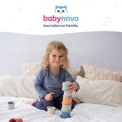 babynova Badeboote – Pädagogisches Baby- und Kleinkindspielzeug – Ab 3 Monaten – 3-teiliges Set – Entwicklung von Motorik und Koordination – Geeignet für Badewanne und Sandkasten – Rot, Gelb, Orange
