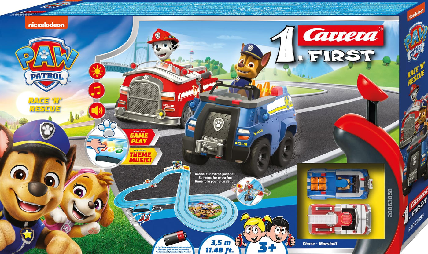 Carrera First PAW Patrol, Race 'N' Rescue – 3,5 Meter Lange Bahn mit Licht-, Sound- & Musikeffekten, interaktive Funktionen – Für aufregende Rettungsmissionen und Abenteuer im Kinderzimmer