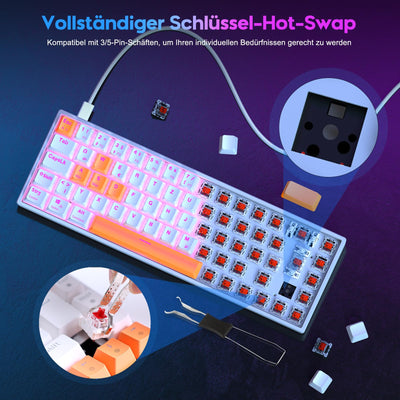 TECURS Gaming-Tastatur Mechanische Hot-Swap-Fähige, Gamer Tastatur RGB mit Kabel 65% QWERTZ Deutsch Layout, Mini Gaming Keyboard mit Rote Schalter für Windows