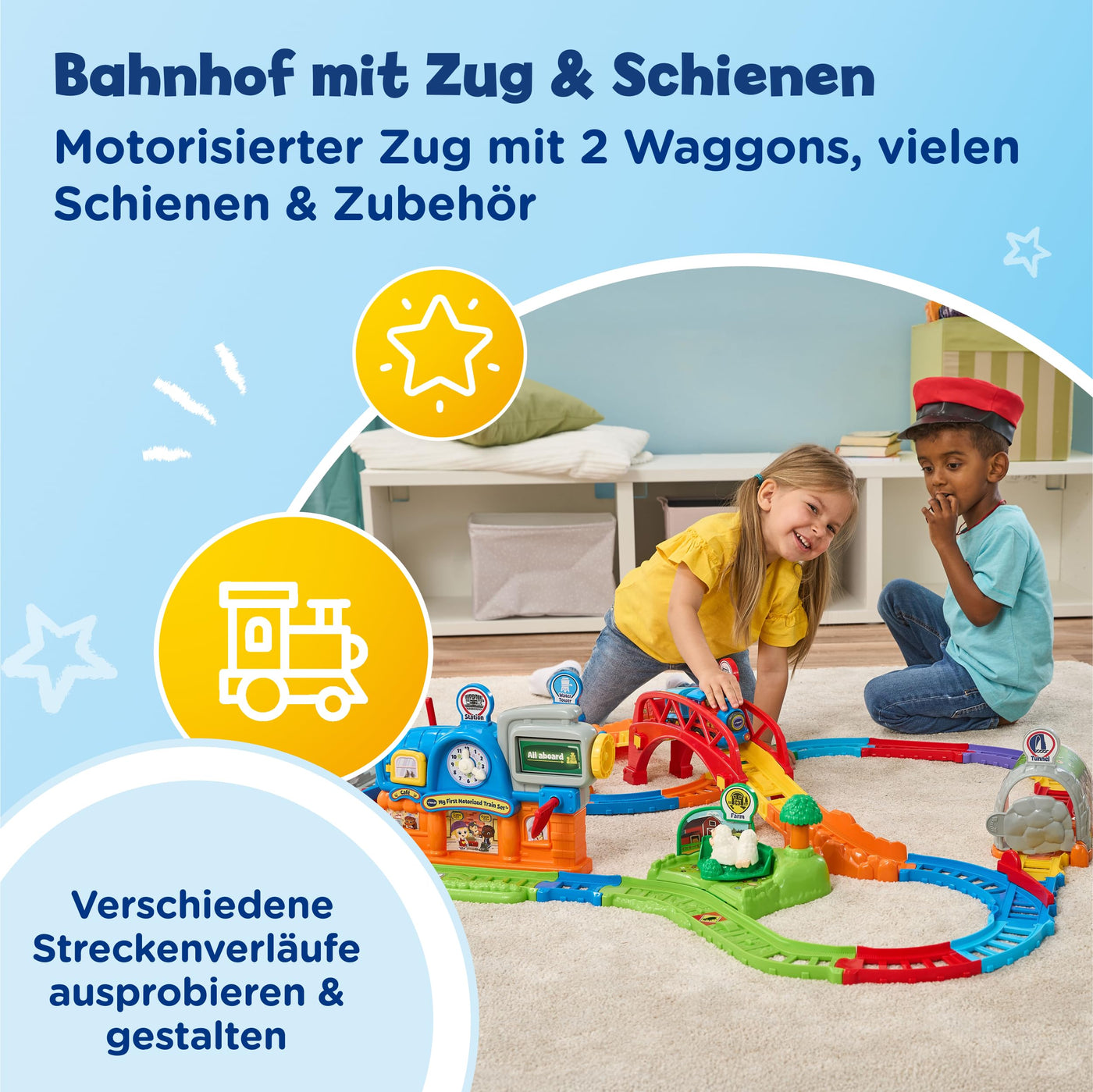 VTech TUT TUT Baby Flitzer – Bunter Bahnhof | Interaktives Spielset mit motorisiertem Zug, 2 Waggons, 70+ Melodien & Geräuschen, 19+ Schienen & 6 Spielbereichen, ab 1 Jahr