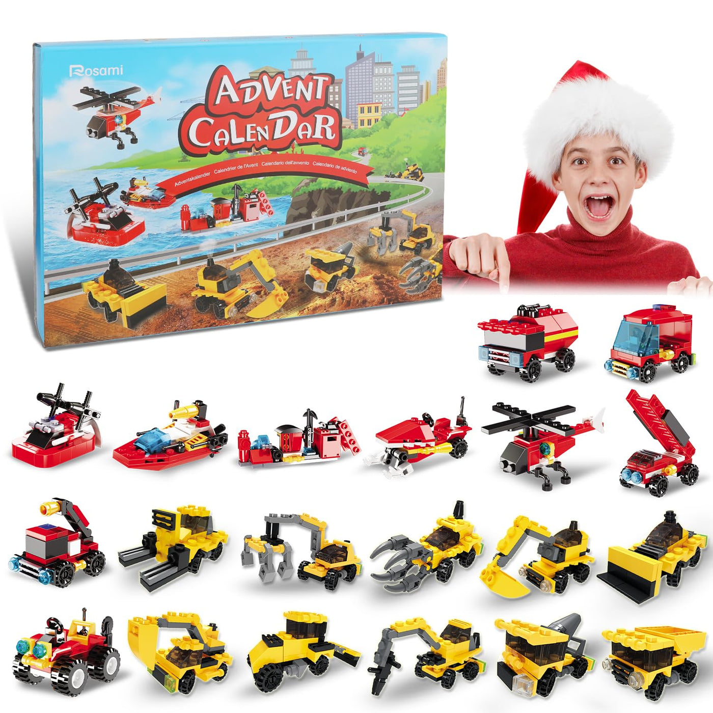 Rosami Adventskalender 2025 Kinder – Weihnachtskalender mit 24 Weihnachtsspielzeuge, Auto-Bausteine & Feuerwehr-Spielzeug, Geschenk für Jungen Mädchen