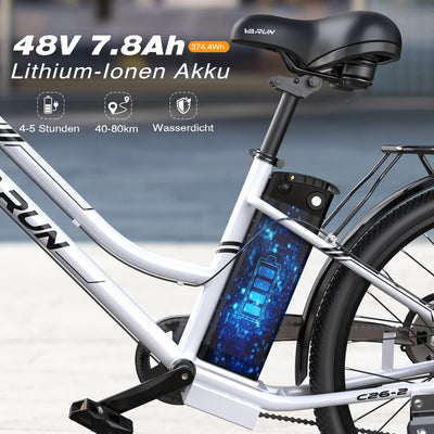 VARUN E Bike 26 Zoll, City E-Bike Damen Herren mit 250W Motor, 𝟒𝟖𝐕 Li-Ion Akku, Elektrofahrrad mit 𝐋𝐂𝐃 Display, 𝟒 Fahrmodi, City E-Fahrrad mit bis zu 𝟖𝟎𝐊𝐌