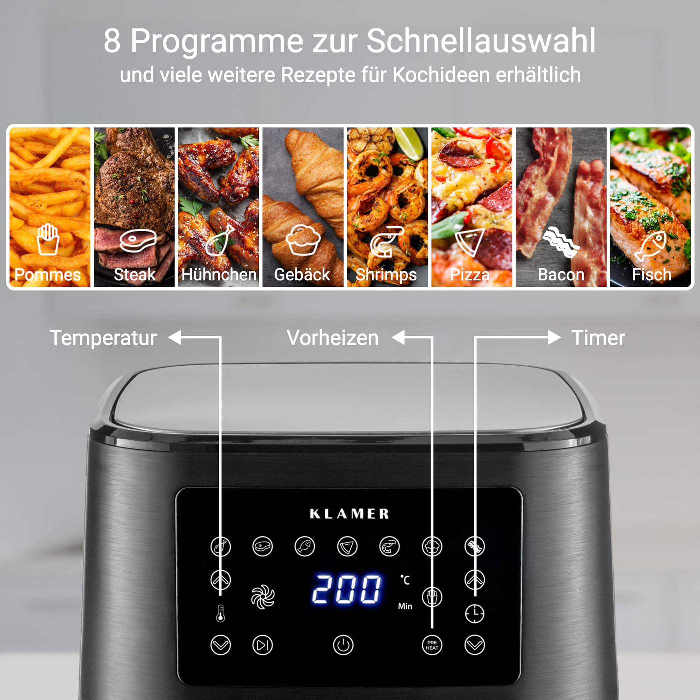 KLAMER Heißluftfritteuse 5,5l XXL, ölfreie Friteuse, 1700W Airfryer mit LED-Touchscreen, digitalem deutschen Rezeptbuch, multifunktionale Mini-Heissluftfrittuese ohne Öl