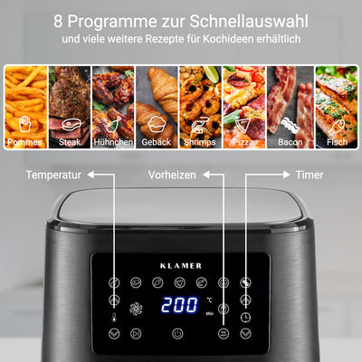 KLAMER Heißluftfritteuse 5,5l XXL, ölfreie Friteuse, 1700W Airfryer mit LED-Touchscreen, digitalem deutschen Rezeptbuch, multifunktionale Mini-Heissluftfrittuese ohne Öl