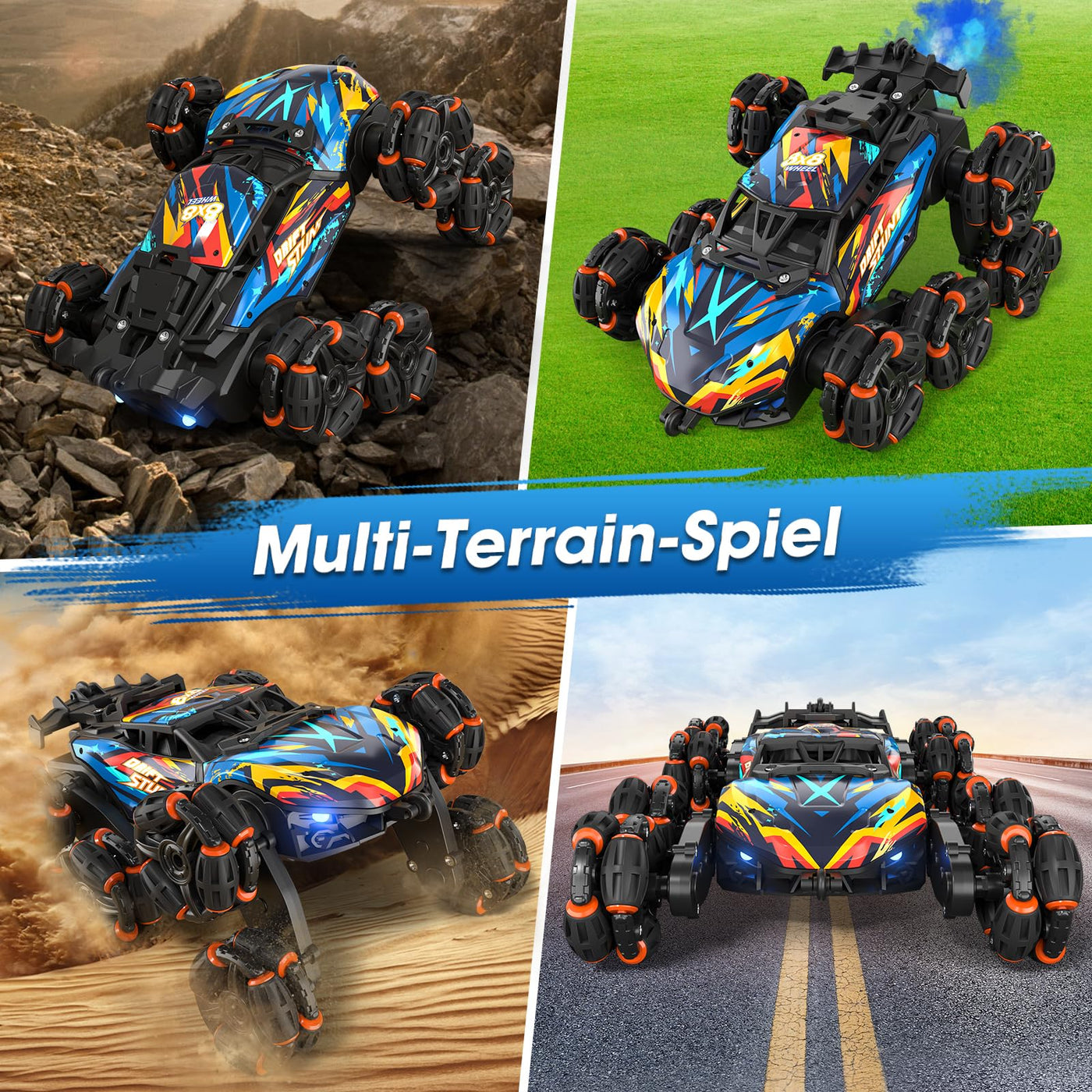 Ferngesteuertes Auto, Ferngesteuertes Auto ab 3 4 5 6 7 8 9 10 Jahre Kinder, 8WD Stunt und Handsteuerung, RC Drift Car mit LED Licht, Musik und Spray, RC Spielzeug Geschenk ab 3-12 Jahre Junge