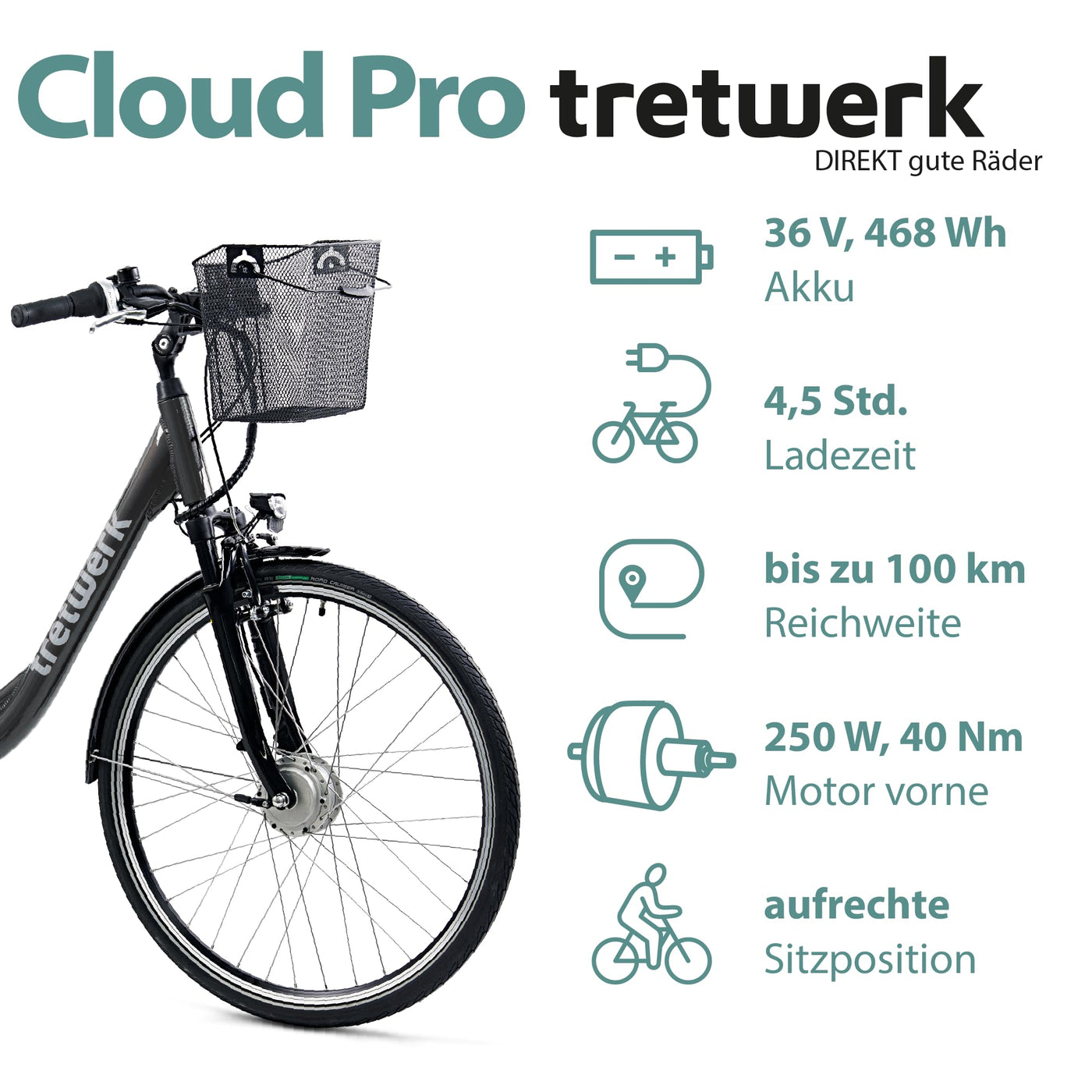 TRETWERK 28 Zoll E-Bike Cloud Pro - E-Citybike Damen Fahrrad mit 7 Gang Nabenschaltung - Elektrofahrrad mit Frontmotor 250W, 36V