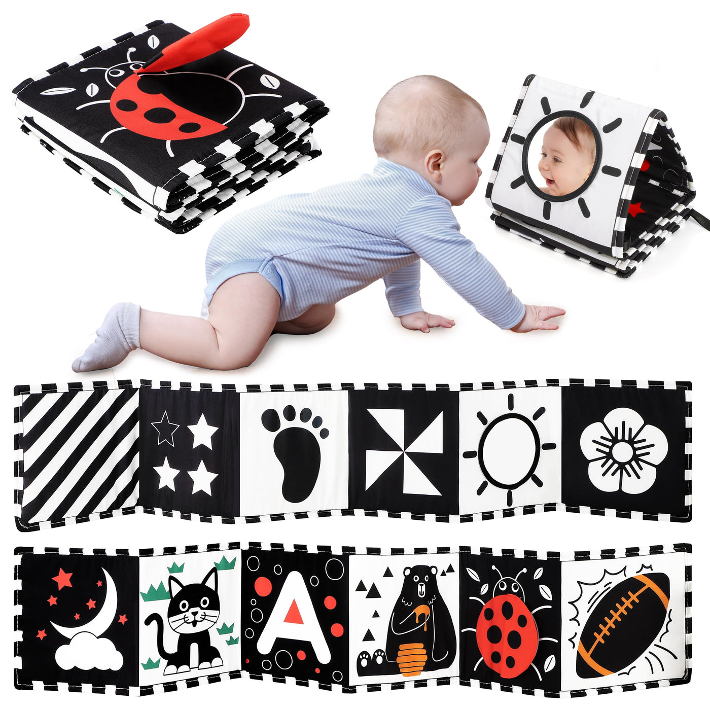 URMYWO Kontrastbuch Baby, Schwarz Weiß Doppelseitig Baby Stoffbuch, Soft Bilderbuch aus Stoff mit Spiegeln, Kinderwagen Kontrast Spielzeug Baby 0 3 6 Monate Geschenk für Babys