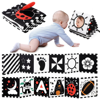 URMYWO Kontrastbuch Baby, Schwarz Weiß Doppelseitig Baby Stoffbuch, Soft Bilderbuch aus Stoff mit Spiegeln, Kinderwagen Kontrast Spielzeug Baby 0 3 6 Monate Geschenk für Babys