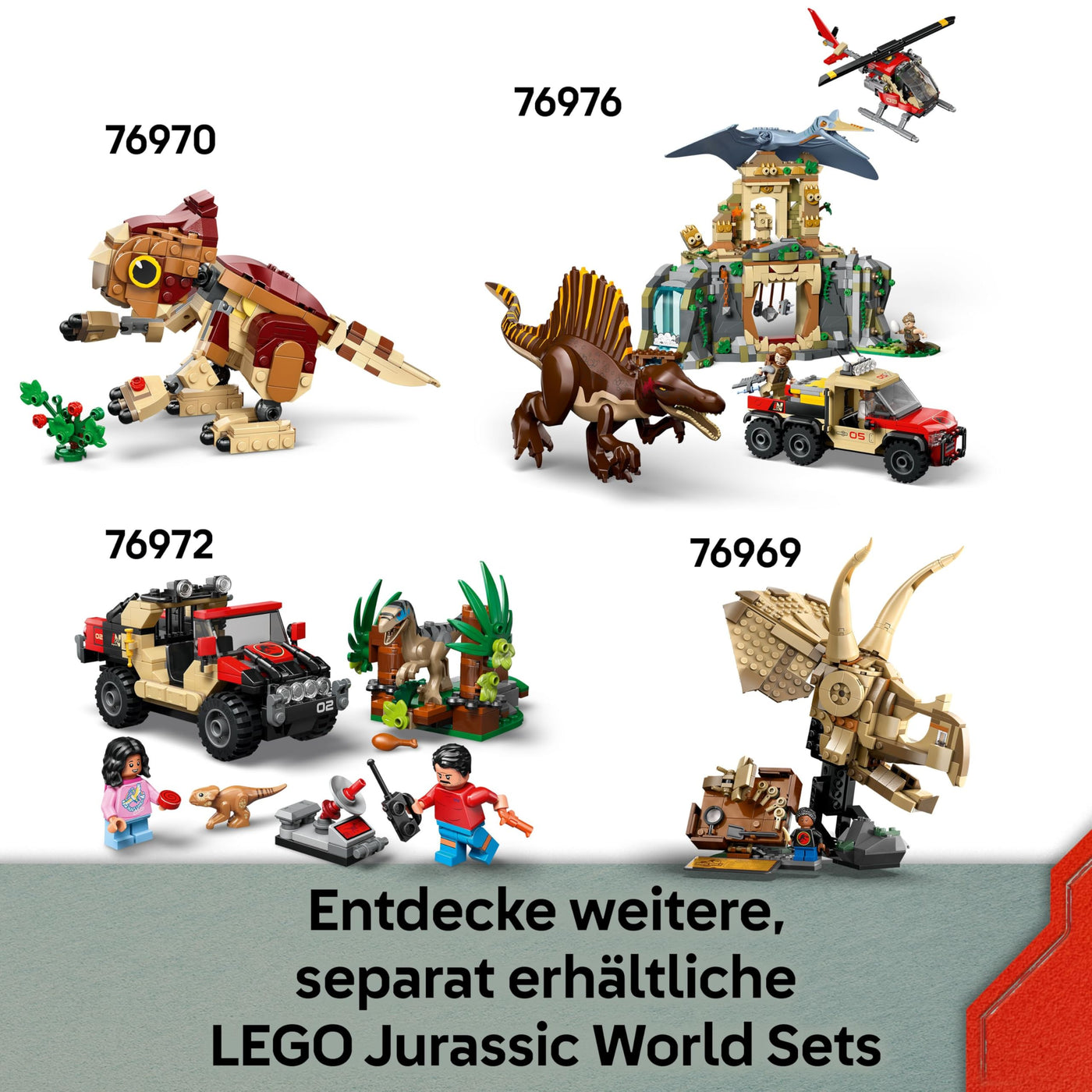LEGO Jurassic World Raptor & Titanosaurus: Große Fährtensuche – 2 Spielzeug Dinosaurier Figuren, EIN Geländewagen, EIN Motorrad und 3 Minifiguren – Geschenk für Jungen und Mädchen ab 7 Jahren – 76973