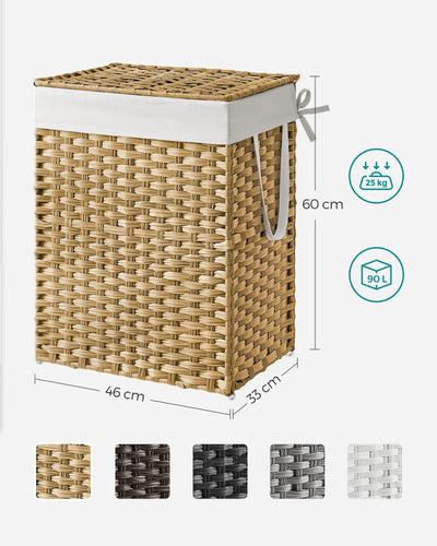SONGMICS Wäschekorb 90 Liter, handgeflochten, Wäschesammler aus synthetischem Rattan, mit Deckel und Griffen, faltbar, Wäschesack herausnehmbar, naturfarben LCB51NL