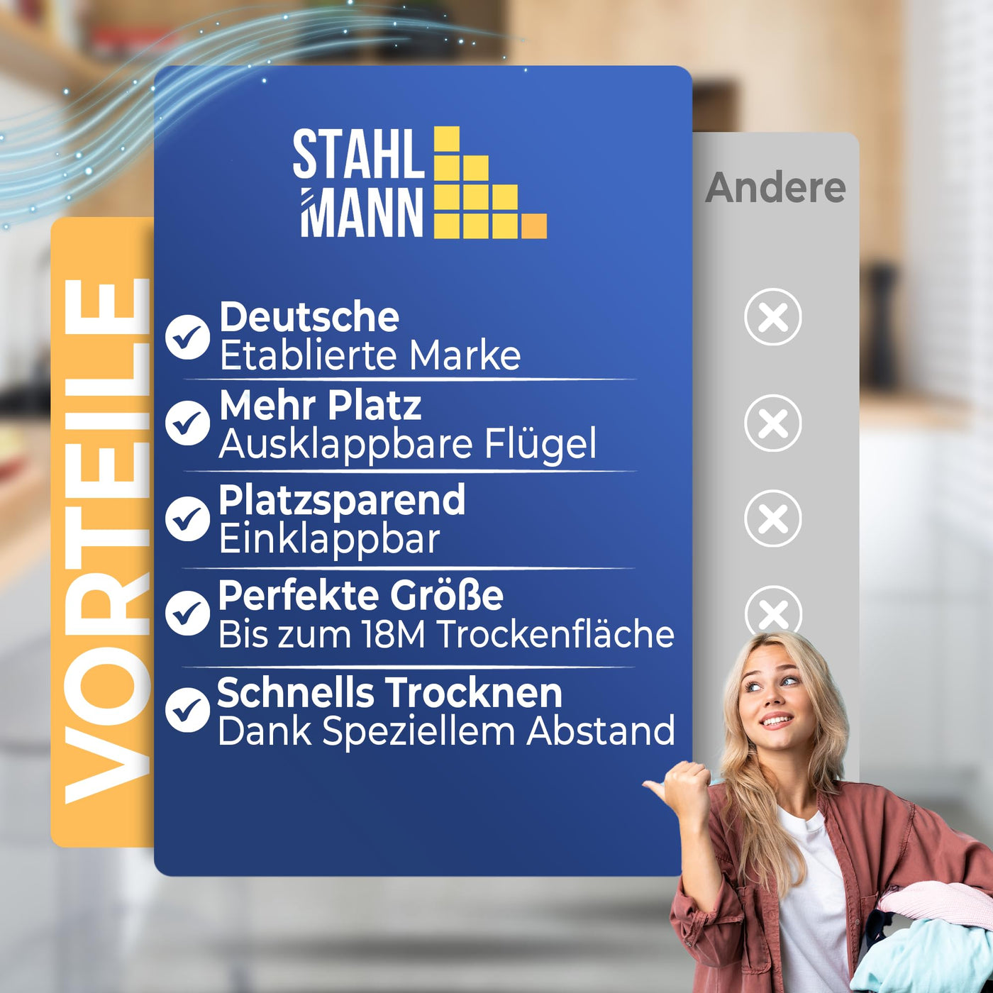 STAHLMANN ® Wäscheständer [18M Trockenfläche ] - Flügelwäscheständer [Made IN EU] 1,05 M Flügel ideal für Lange Kleidungsstücke - Wäscheständer platzsparend