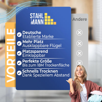 STAHLMANN ® Wäscheständer [18M Trockenfläche ] - Flügelwäscheständer [Made IN EU] 1,05 M Flügel ideal für Lange Kleidungsstücke - Wäscheständer platzsparend