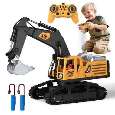 QiquBox RC Ferngesteuerter Bagger Spielzeug für ab 3 4 5 6 7 8 9 Jahren Junge - Bagger Spielzeugautos Metall Schaufel mit Spray Licht Ton, 680° Drehung Ferngesteuertes Auto für Jungen Geschenk Kinder
