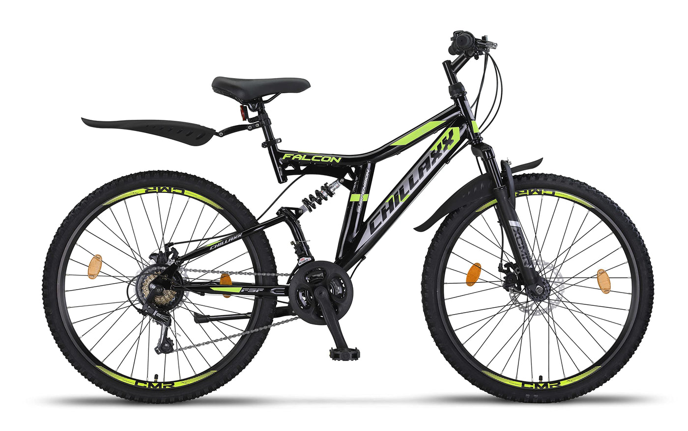 Chillaxx Bike Falcon Premium Mountainbike in 24 und 26 Zoll - Fahrrad für Jungen, Mädchen, Damen und Herren - Scheibenbremse- 21 Gang-Schaltung - Vollfederung (26 Zoll, Schwarz-Lime Disc-Bremse)