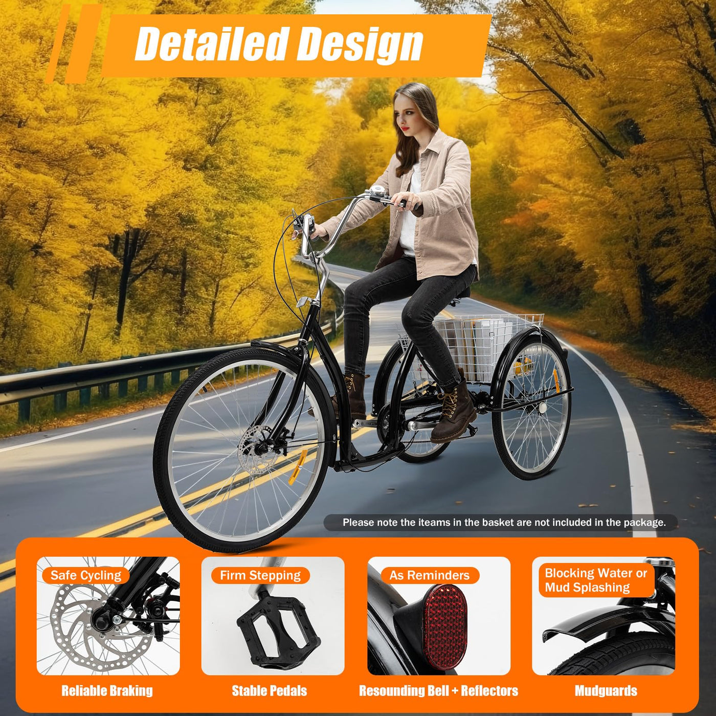 Konfiur Dreirad für Erwachsene, 26 Zoll 6 Gang Lastenfahrrad, Modern 3 Räder Fahrrad Erwachsene mit Einkaufskorb, City Einkauffahrrad Bike, 3 Räder Dreirad für Outdoor-Aktivitäten (Schwarz)