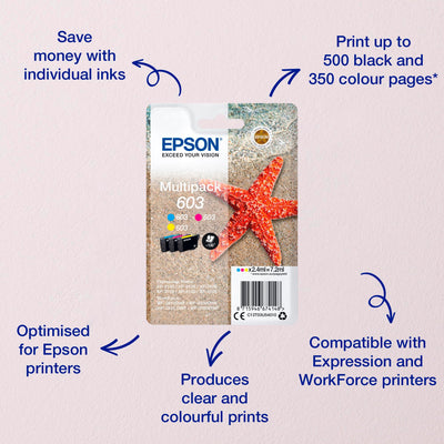 Epson Original 603 Tinte Seestern, Multipack 3-farbig Standard, WF-2820DWF WF-2830DWF WF-2840DWF WF-2850DWF XP-2100 XP-2150 XP-3100 XP-3150 XP-4100 XP-4150, ReadyPrint Flex-Tintentarife