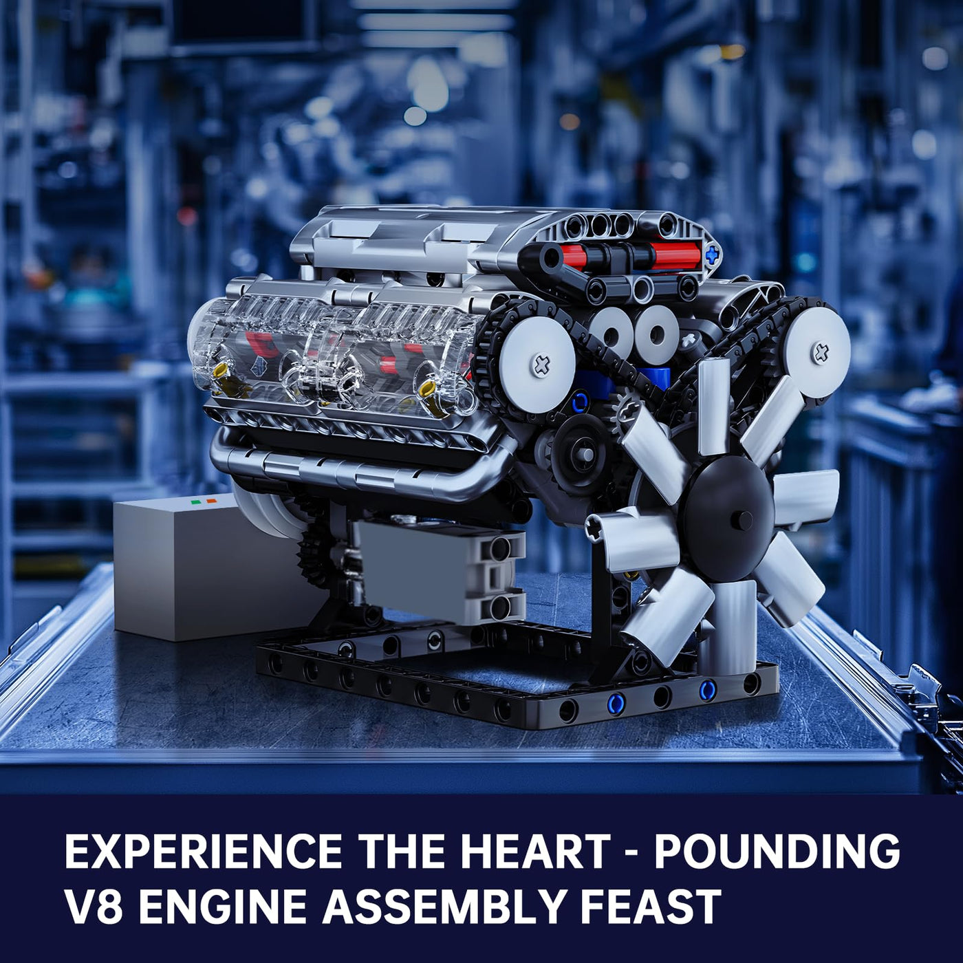 Mould King 10088 Technik V8 Motor Bausatz Bausteine Modell Motor Klemmbausteine Benzinmotor Engine Kit Transparentes Funktionsmodell für Engine Fans (535 Teile)