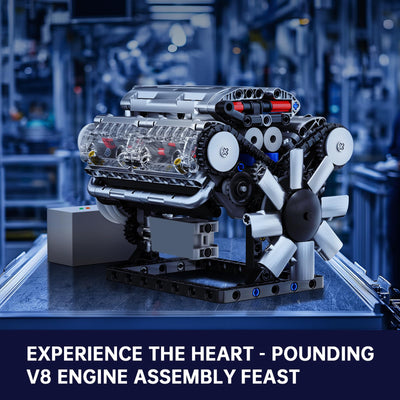 Mould King 10088 Technik V8 Motor Bausatz Bausteine Modell Motor Klemmbausteine Benzinmotor Engine Kit Transparentes Funktionsmodell für Engine Fans (535 Teile)