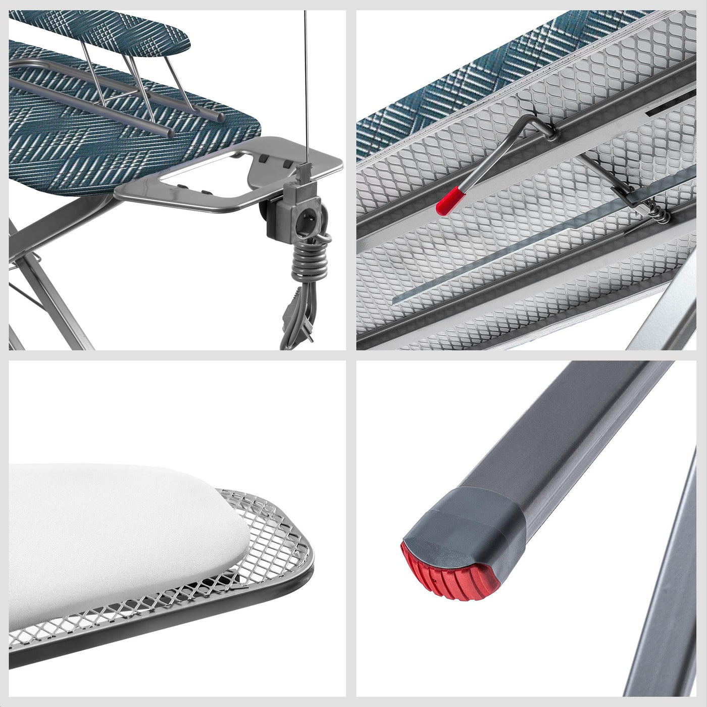 KADAX Bügelbrett mit eingebautem Verlängerungskabel, Klappbarer Bügeltisch mit Kabelhalterung, Dampfbügeltisch mit ausziehbarer Ablage für Kleidung (Grün)