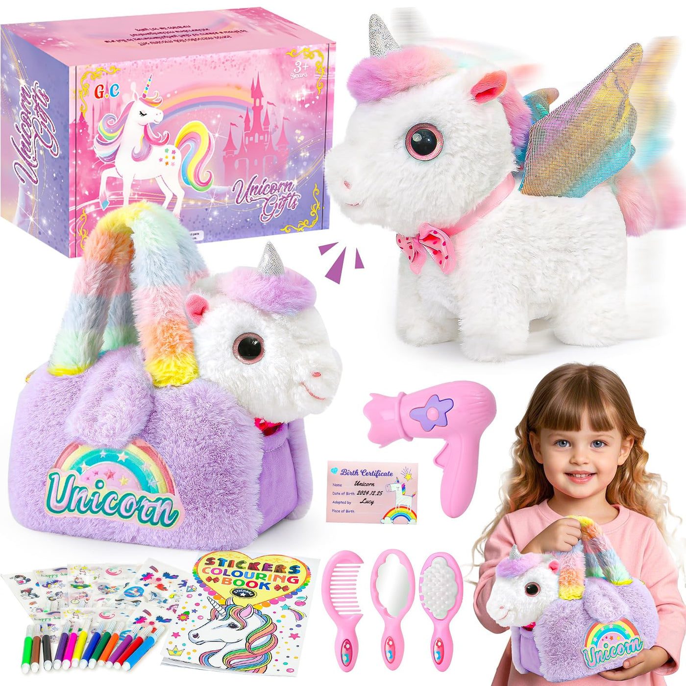 G.C Einhorn Geschenke für Mädchen 3 4 5 6 7 8 Jahre mit Elektrisch Einhorn Kuscheltier Spielzeug der Läuft und Bellt, Plüsch Tasche, Pflege Zubehöre, Interaktiv Unicorn Spielzeug Mädchen Geschenk