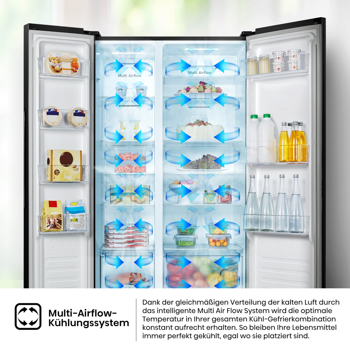 Hisense RS677N4AFC Side by Side Kühl – Gefrier - Kombination,179cm, 519 Liter Gesamtkapazität, EEK: C, LED Beleuchtung, Multi Air Flow, Inverter Kompressor, Touch Display, schwarz