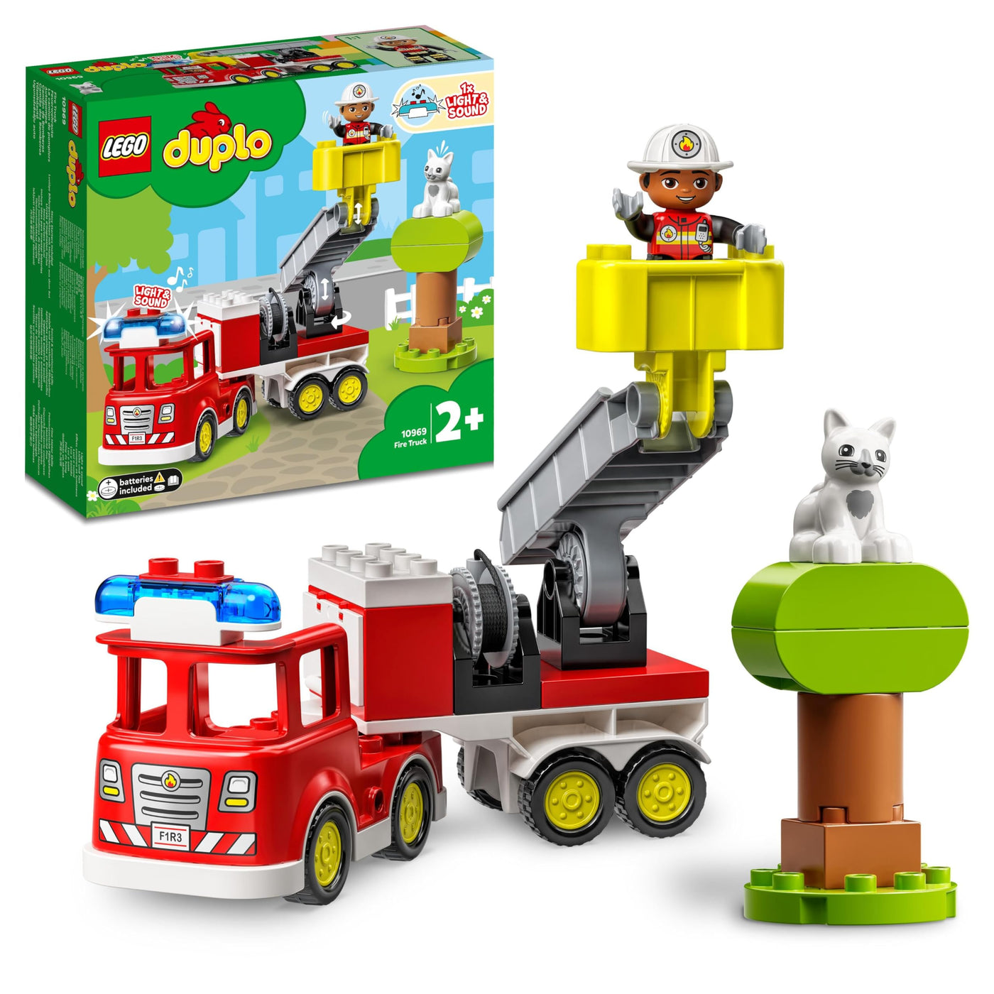 LEGO DUPLO Feuerwehrauto - Minifiguren für Vorschulkinder ab 2 Jahren - Montessori Spielzeug für Kleinkinder mit LKW, Feuerwehrmann, Katze und Baum - Kinder Geschenk für Mädchen und Jungen 10969
