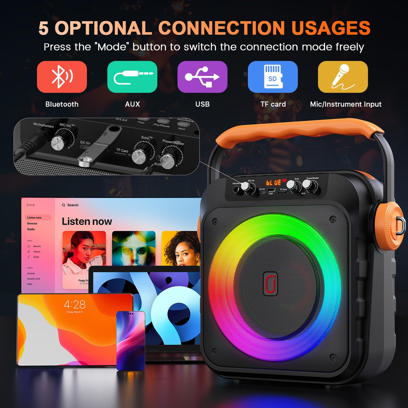 JYX Karaoke Maschine, Karaoke Anlage Mit 2 Mikrofonen, Tragbare Karaoke Maschine Mit 2 Drahtlosen Mikrofone, Bluetooth Lautsprecher Box Für Erwachsene/Kinder Mit Led Lichteffekte