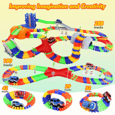Autorennbahn Kinder Spielzeug ab 3 4 5 Jahre mit 2 Spielzeugauto, Kinderspielzeug ab 3 4 5 6 7 Jahre Junge，309PCS Car Track Rennbahnen, Racing Geschenk 3 4 5 Jahre Junge Mädchen, 505cm Länge Rennbahn