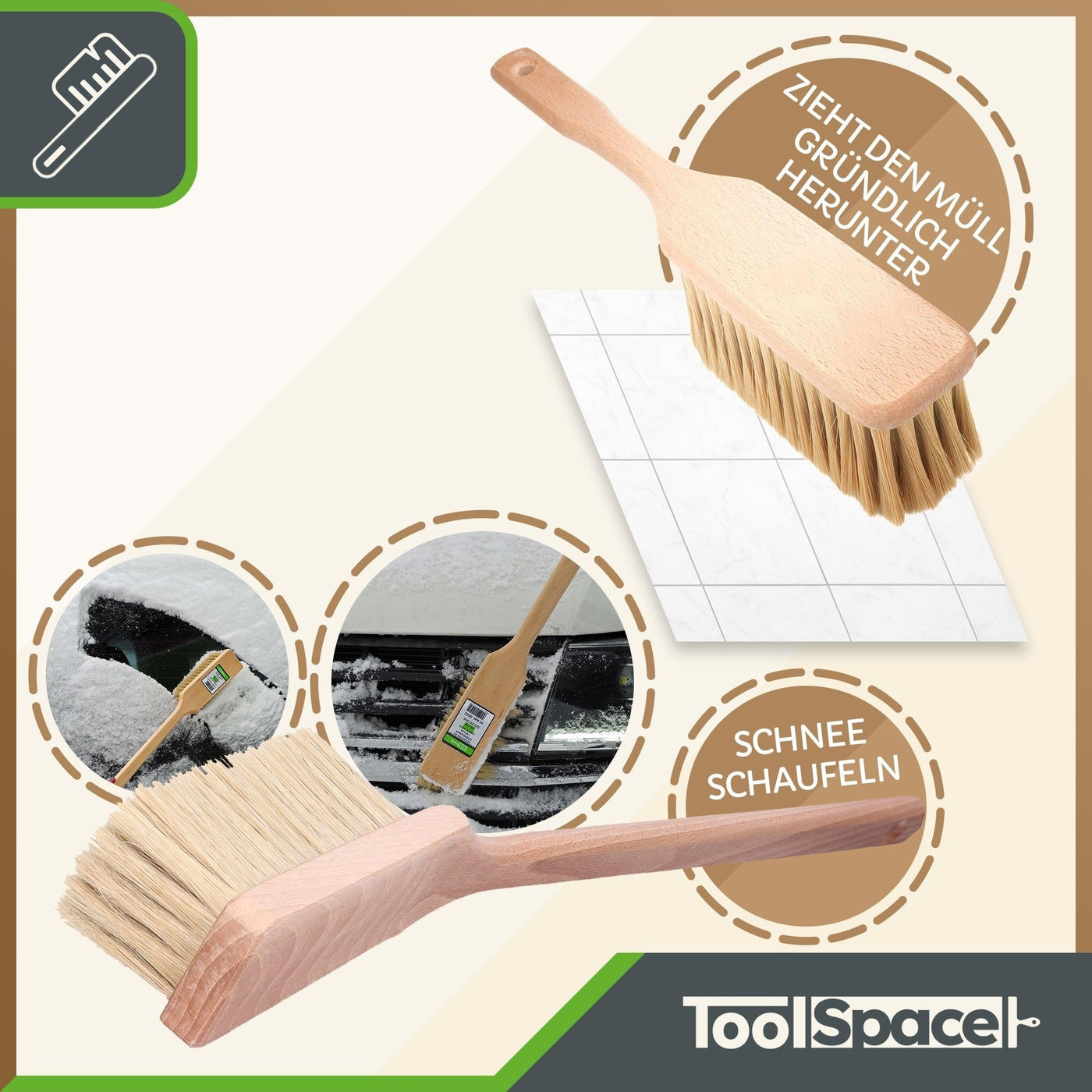 ToolSpace Handbesen x 2 - Handfeger aus Holz | Kehrwisch Besen Kunstborsten | Handkehrbesen | Handbesen Kamin, Camping | Kunststoff | Besen Winkel | Kehrset | Holzgriff Bürste | Hand Staubsauger