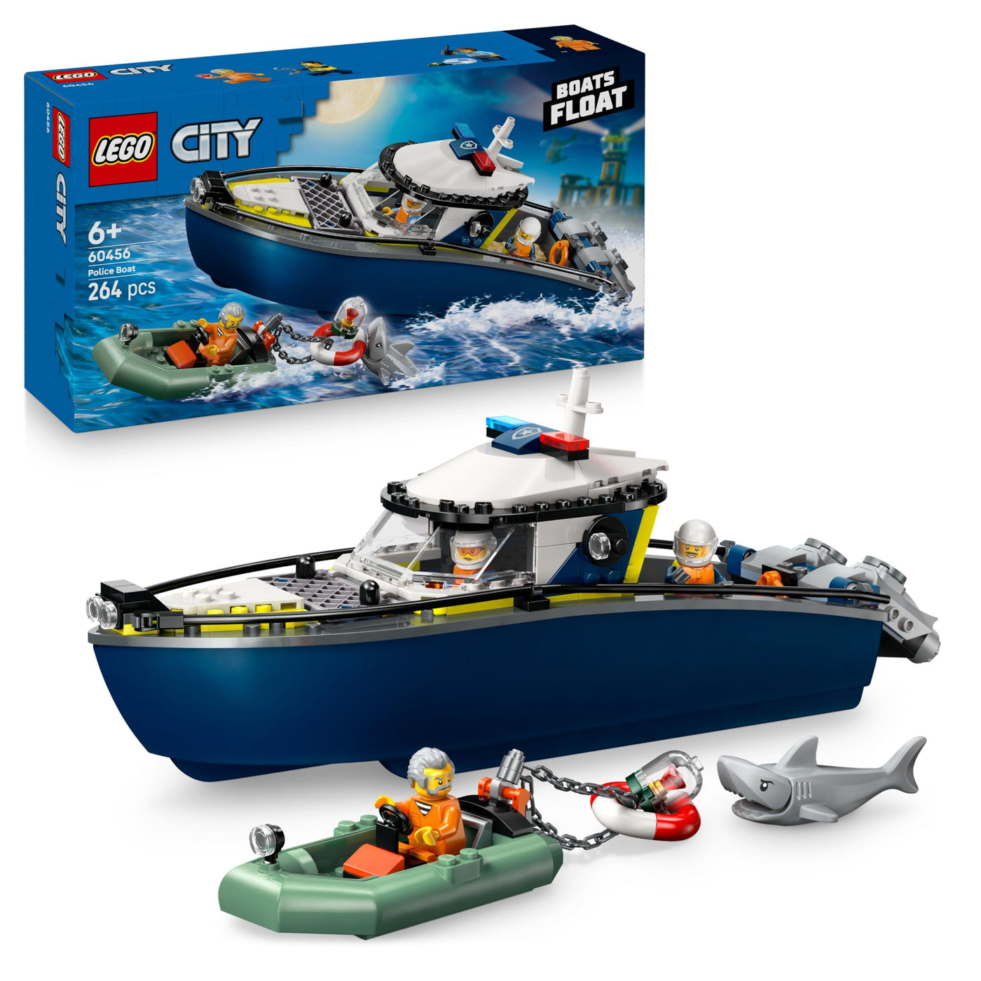 LEGO City Verfolgungsjagd im Polizeiboot – Spielset mit schwimmfähigem Schnellboot, Schlauchboot des Ganoven, 3 Mini-Figuren und Einer Haifigur – Geschenk für Jungen und Mädchen ab 6 Jahren – 60456