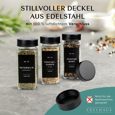 EDELHAUS Gewürzgläser Eckig Set mit Edelstahl Deckel Schwarz (24 x 120ml) Gewürzstreuer mit Streueinsatz und 240 Etiketten - Hochwertige Gewürzbehälter, Gewürzdosen, Gewürze organizer [10,7cm x 4,5cm]