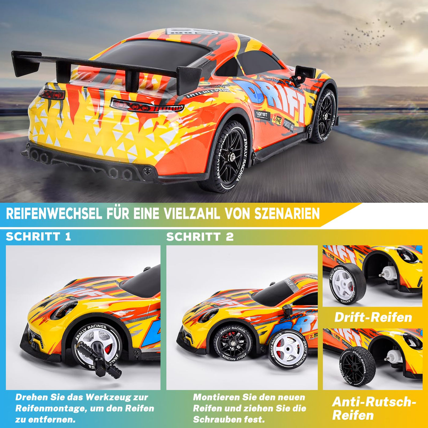 JONRRYIN Drift Ferngesteuertes Auto, RC Drift Car, 1:14 4WD Fernbedienung Rennwagen mit Driftfunktion, LED-Leuchten, 25km/h, Spielzeugauto für Erwachsene und Kinder ab 8 Jahre älter
