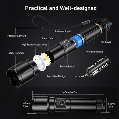 Blukar Taschenlampe LED Aufladbar, 500000 Lumen Extrem Hell Zoombare Taktische Taschenlampen Starke mit 5 Lichtmodi, IP67 Wasserdichte Flashlight Torch für Camping, Wandern, Outdoor, Angeln, Notfäll