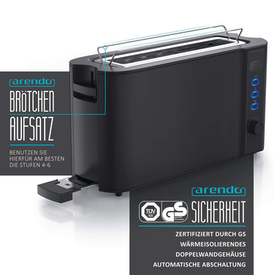 Arendo - Toaster Langschlitz 2 Scheiben - Defrost Funktion - 1000 W - Doppelwandgehäuse - Integrierter Brötchenaufsatz - Bräunungsgrade 1-6 – Display mit Restzeitanzeige - Edelstahl schwarz matt