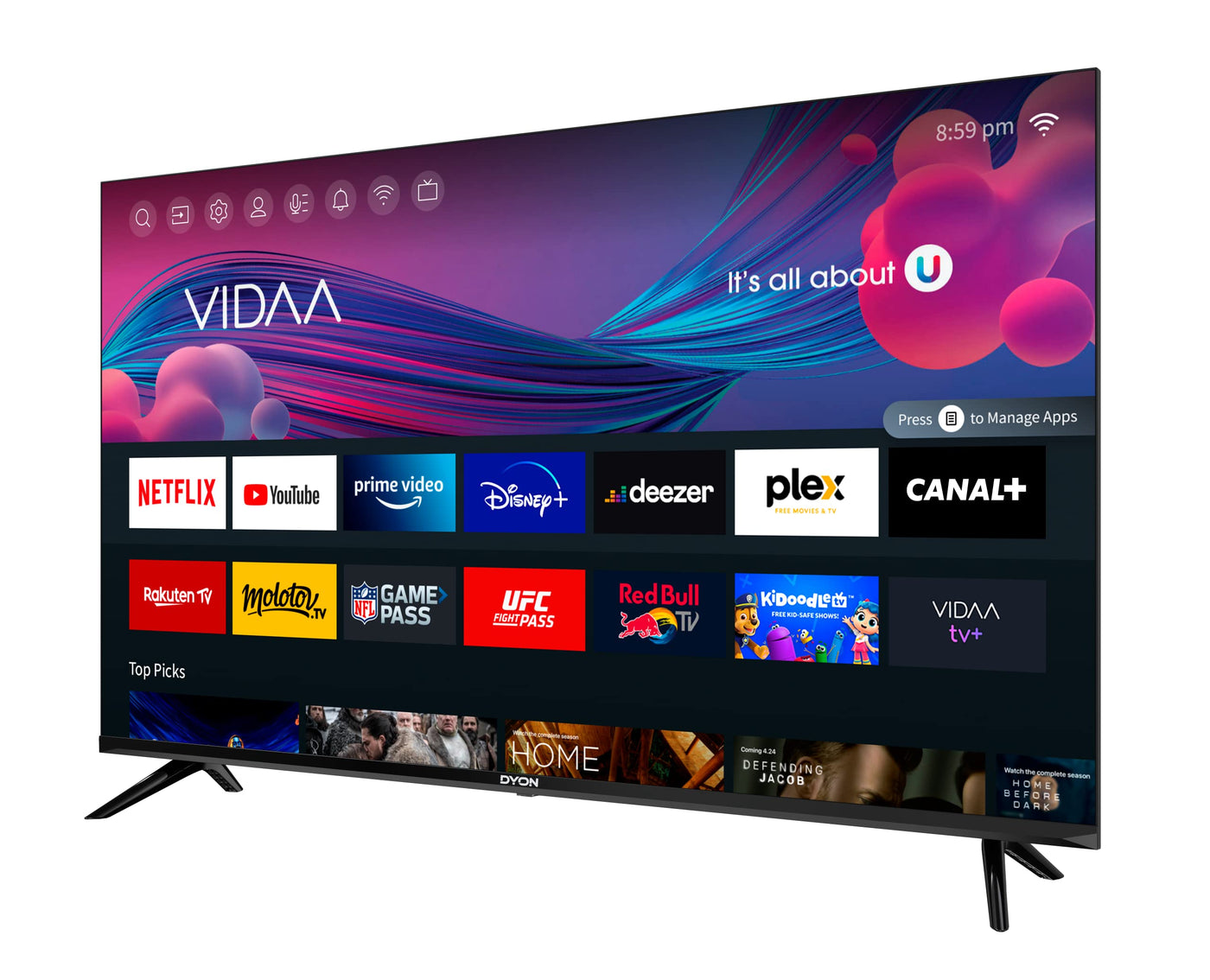 DYON Smart 43 VX 108 cm (43 Zoll) Fernseher (Full-HD Smart TV, HD Triple Tuner (DVB-C/-S2/-T2), App Store, Prime Video, Netflix, YouTube, DAZN, Disney+) [Mod. 2022], Schwarz