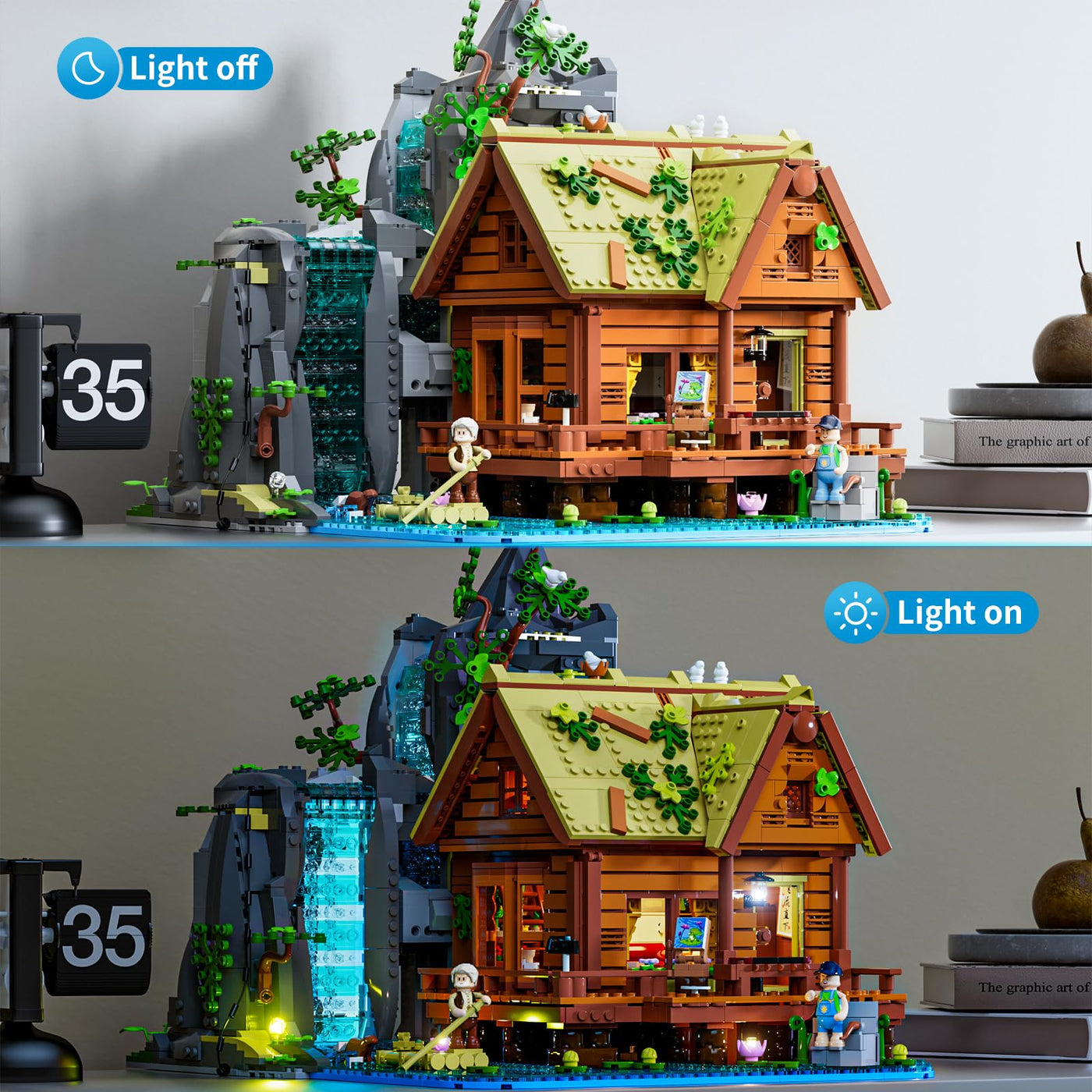 Lumibricks Waterfall Cabin Bauset mit Licht – 2539 Teile Retro Holzhaus mit beweglichem Wasserfall & Naturkulisse, Sammlerstück für Erwachsene