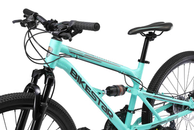 BIKESTAR Fully Aluminium Mountainbike Shimano 21 Gang Schaltung, Scheibenbremse 26 Zoll Reifen | 16 Zoll Rahmen Alu MTB Vollgefedert | Mint